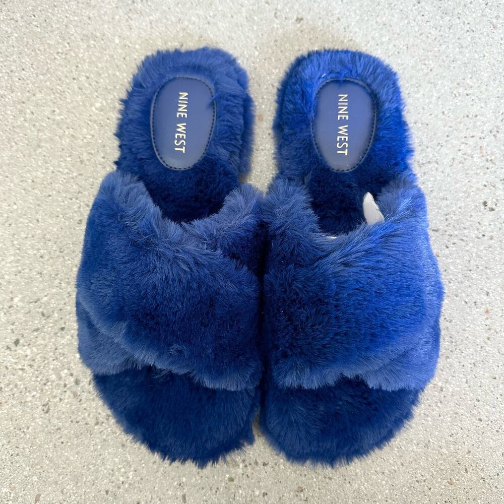 Nine West Dark Blue Cross Fur Slide Slippers